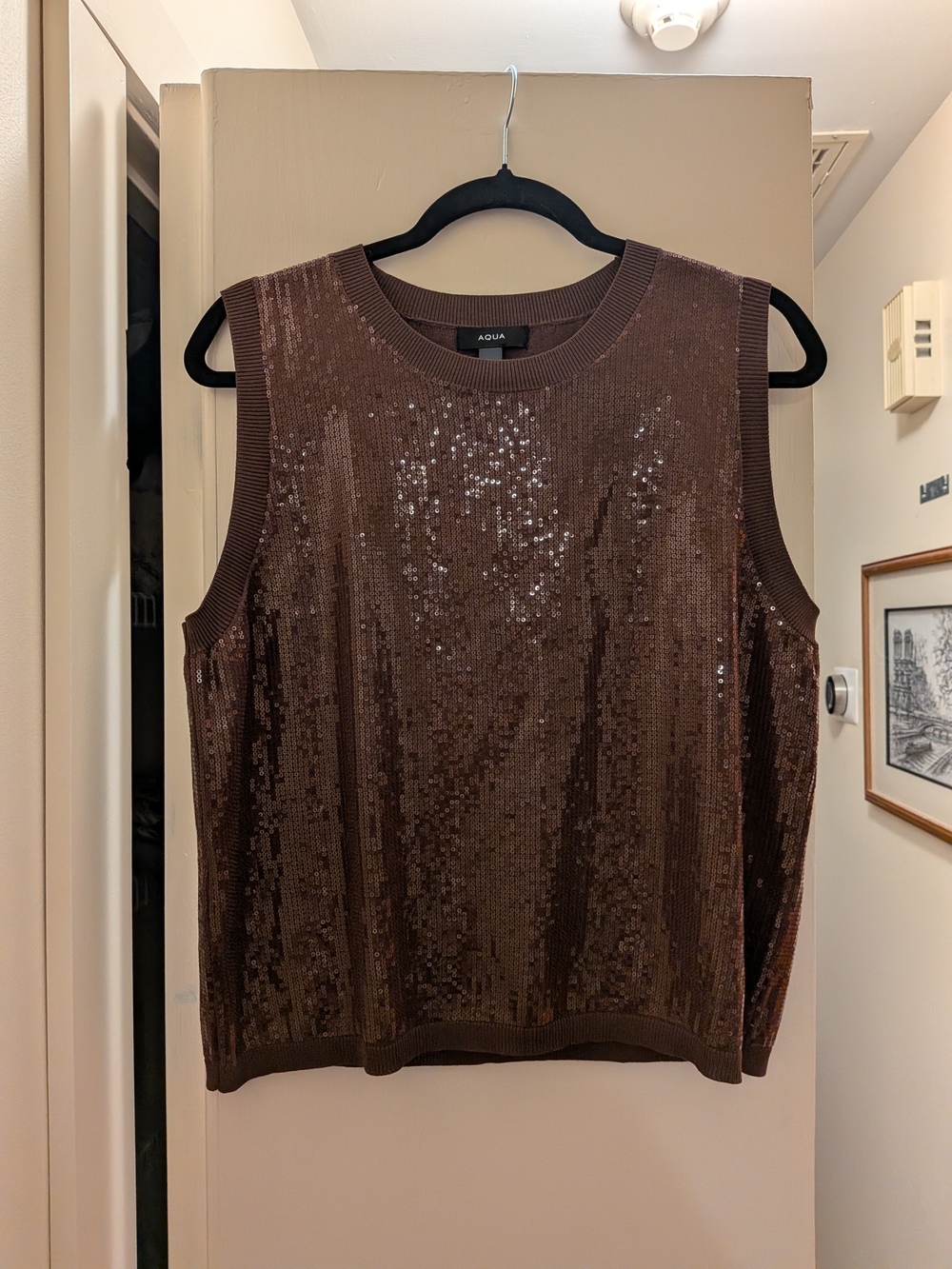Aqua Brown Sequin Sleeveless Tank Top Large